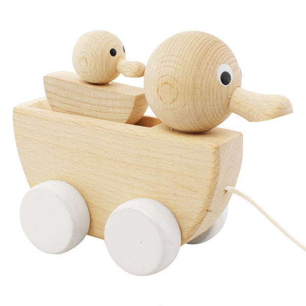 Wooden pull along duck with duckling - White