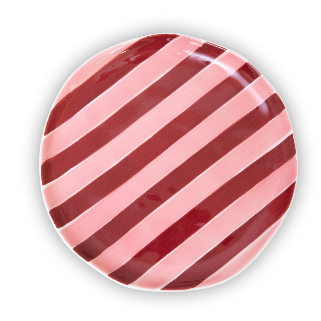 Ceramic Dinner Plate | Pink & Burgundy Stripe