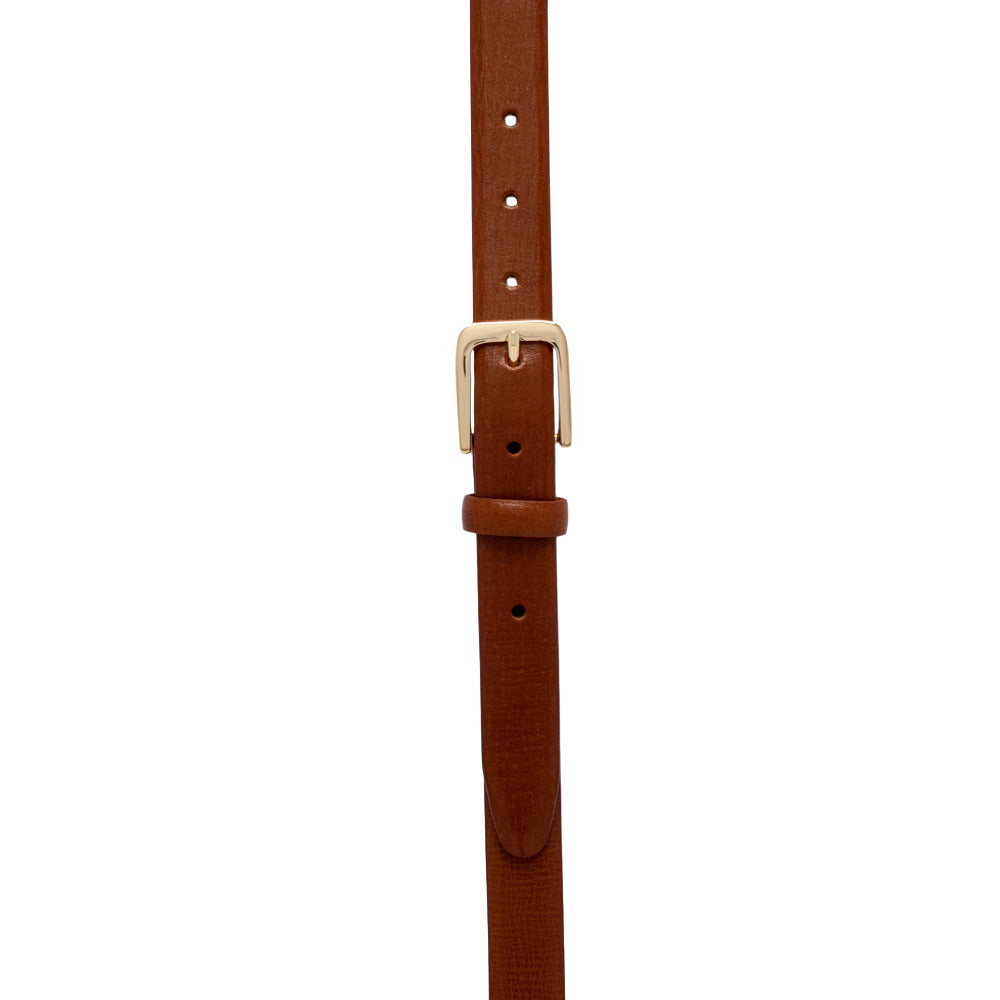 Brown leather belt with a gold buckle on a white background
