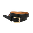 Black leather belt with a gold buckle on a white background