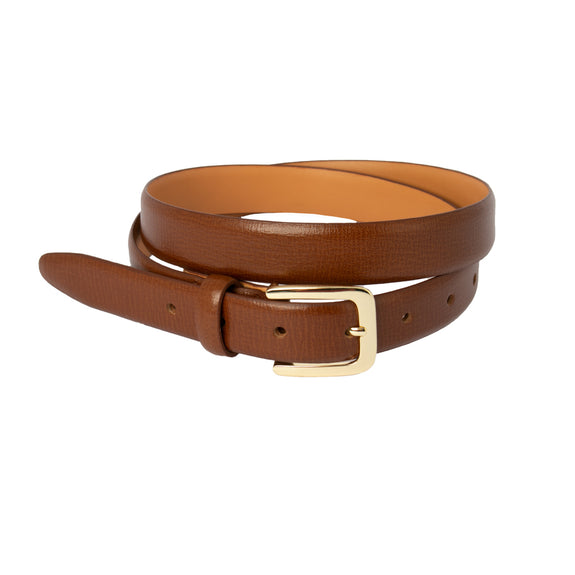 Brown leather belt with a gold buckle on a white background