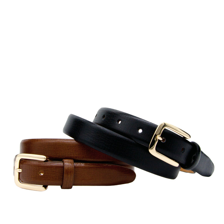 Two belts, one brown and one black, with gold buckles on a white background.