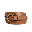Brown leather belt with a gold buckle on a white background