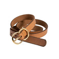 Brown leather belt with gold buckle on a white background