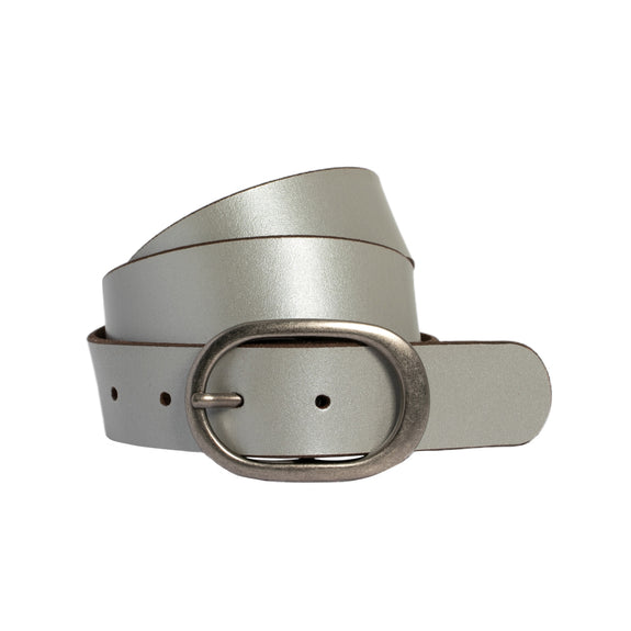 Silver belt with a silver buckle on a white background