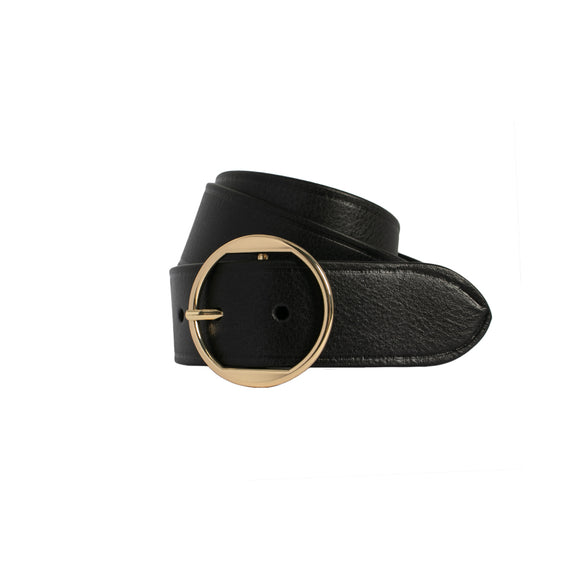 Black leather belt with a gold buckle on a white background