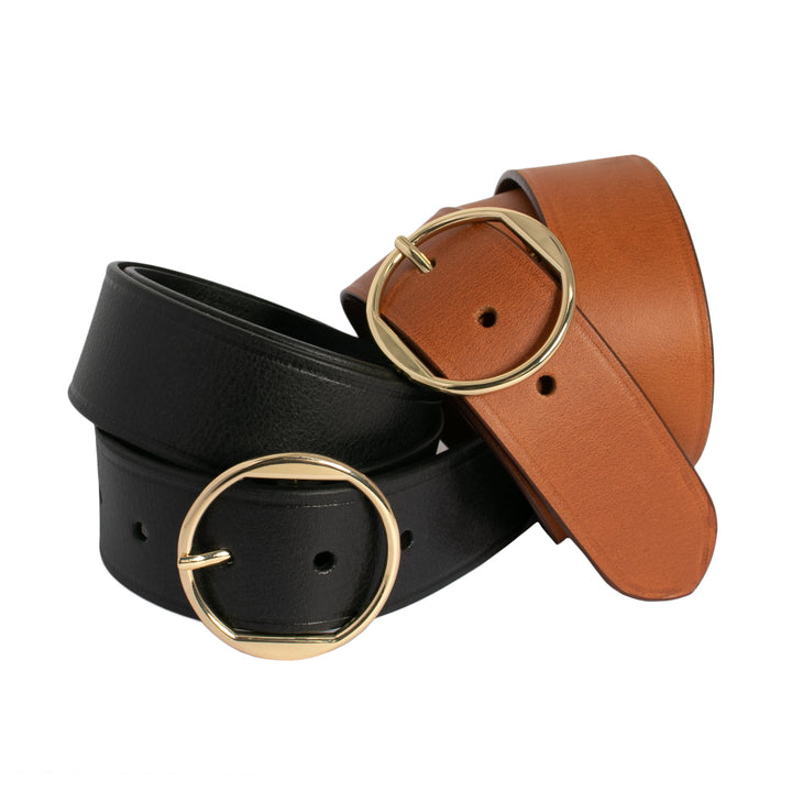 Two leather belts, one black and one brown, with gold buckles on a white background.