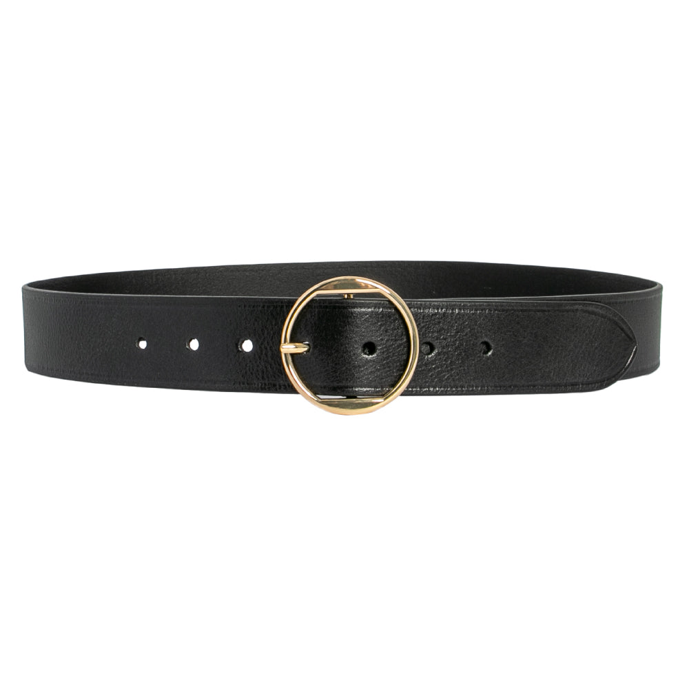 Black belt with a gold ring buckle on a white background