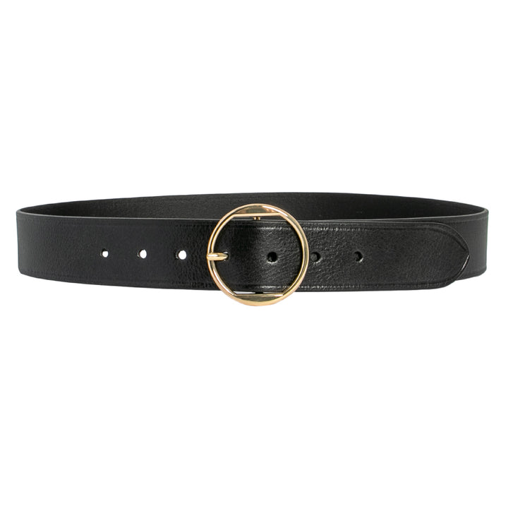 Black belt with a gold ring buckle on a white background