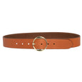 Brown leather belt with a gold buckle on a white background