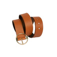 Brown leather belt with a gold buckle on a white background