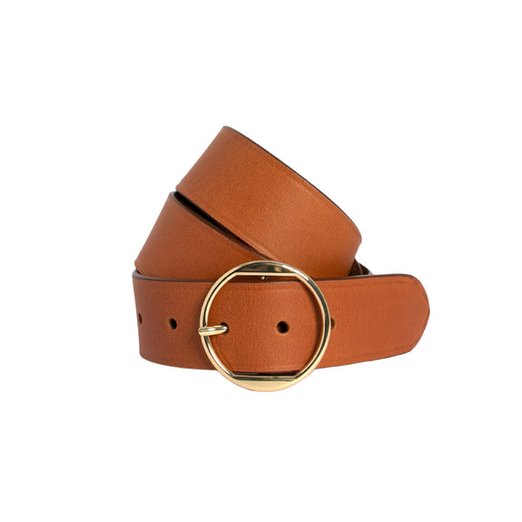 Brown leather belt with a gold buckle on a white background
