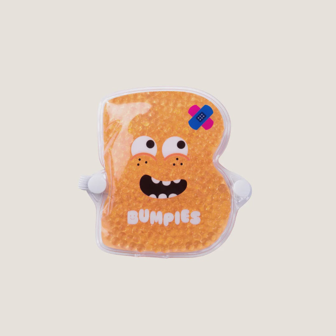 Orange gel pack with cartoon face and 'Bumpies' branding on a white background