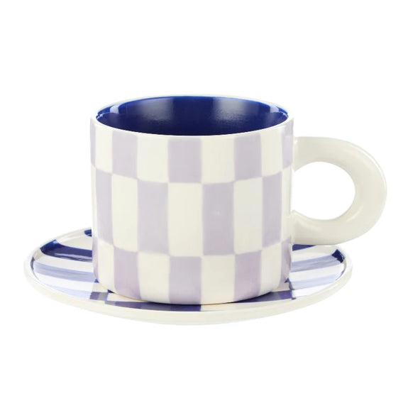 Emporium Check Mug & Plate Set / Lilac & Navy