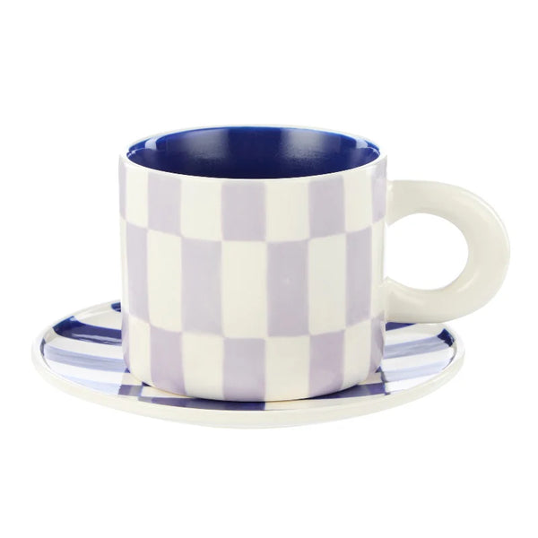 Emporium Check Mug & Plate Set / Lilac & Navy