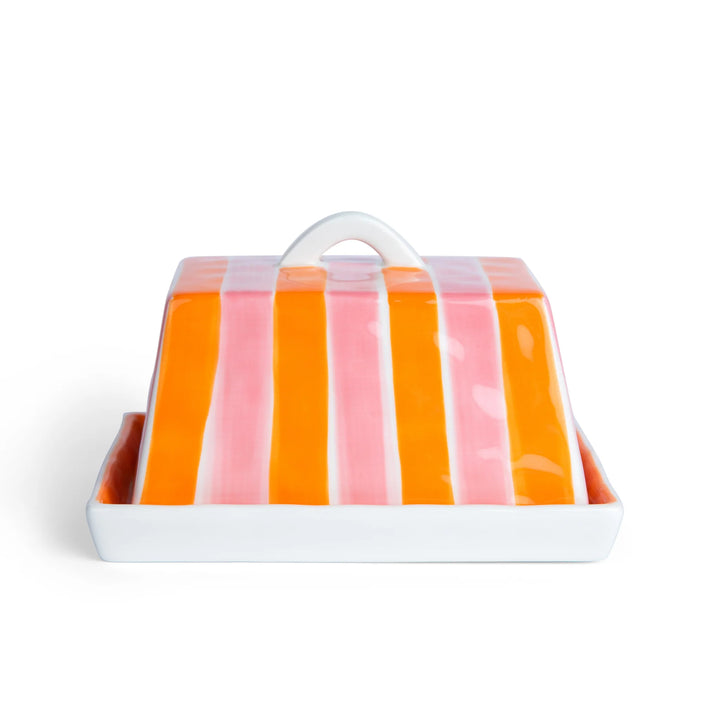 Large Butter Dish - Pink & Orange Stripe
