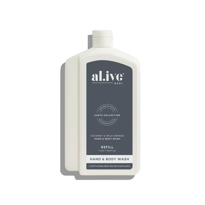 Hand and body wash refill bottle with 'alive' branding on a white background