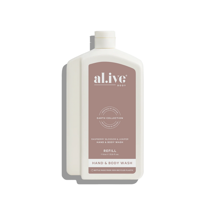 Hand and body wash refill bottle with 'alive' branding on a white background