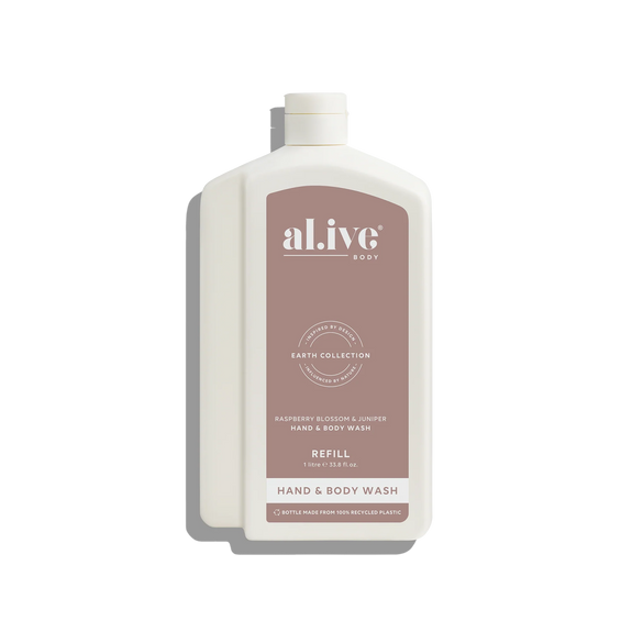 Hand and body wash refill bottle with 'alive' branding on a white background