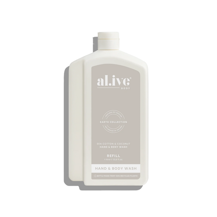 Hand and body wash refill bottle with 'alive' branding on a white background