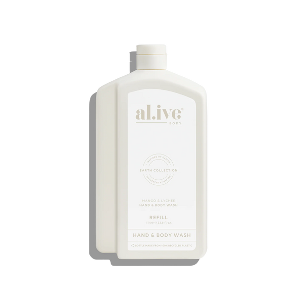 Hand and body wash refill bottle with 'alive' branding on a white background
