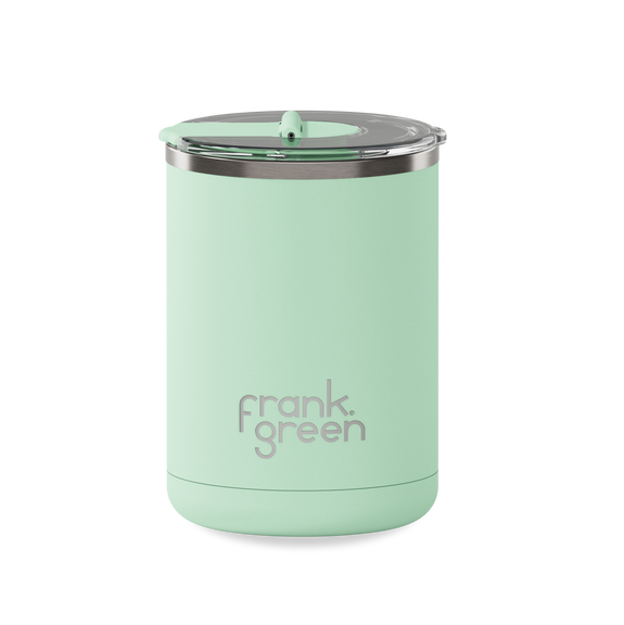 Mint green reusable cup with 'frank green' branding on a white background