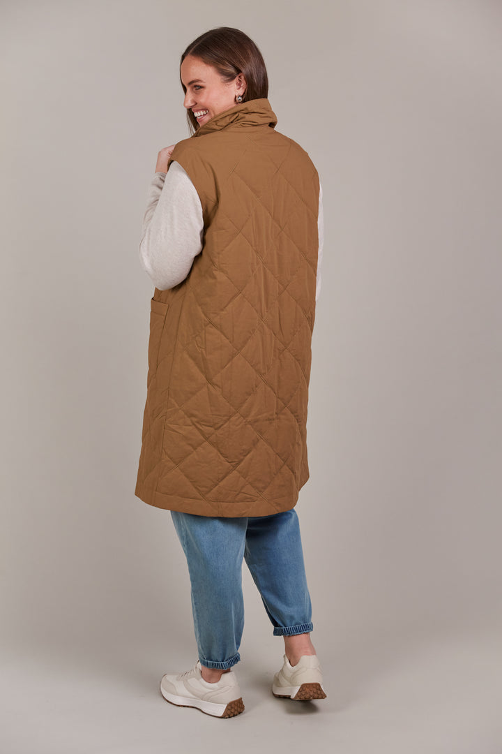 Enhance your outerwear collection with the Argo Long Line Vest. This stylish, quilted cotton vest is designed for comfort and warmth, featuring a lapel with a three-button press stud closure and a knee-length cut to keep the chill at bay. Available from www.thecollectivenz.com