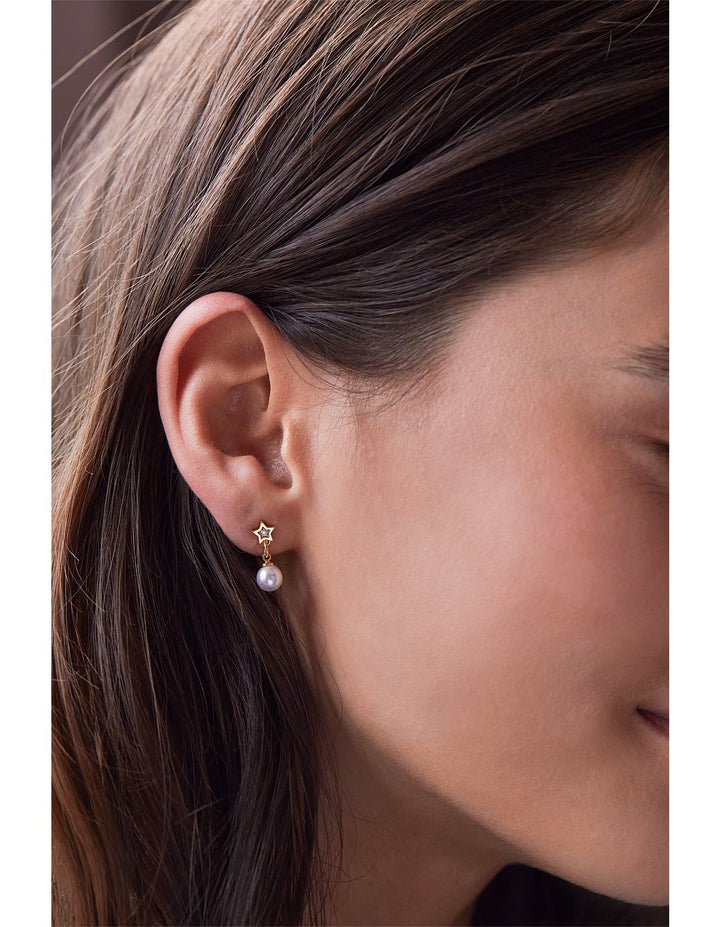 Star And Pearl Stud Earrings - Gold Plated