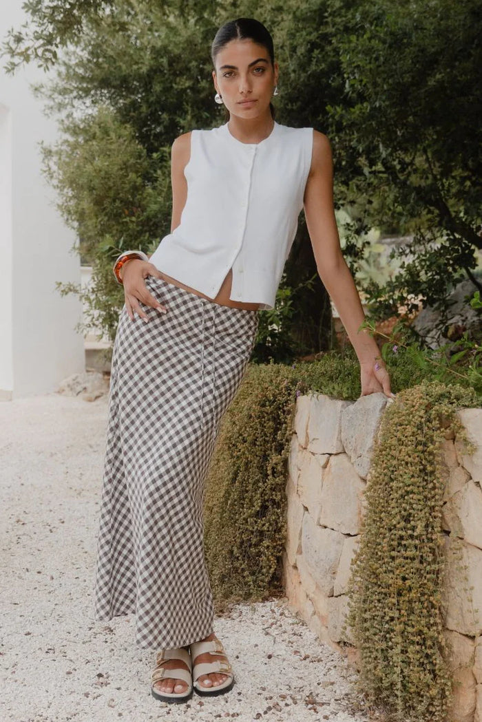 Summit Chocolate Gingham Cotton Blend Tie Waist Bias Maxi Skirt