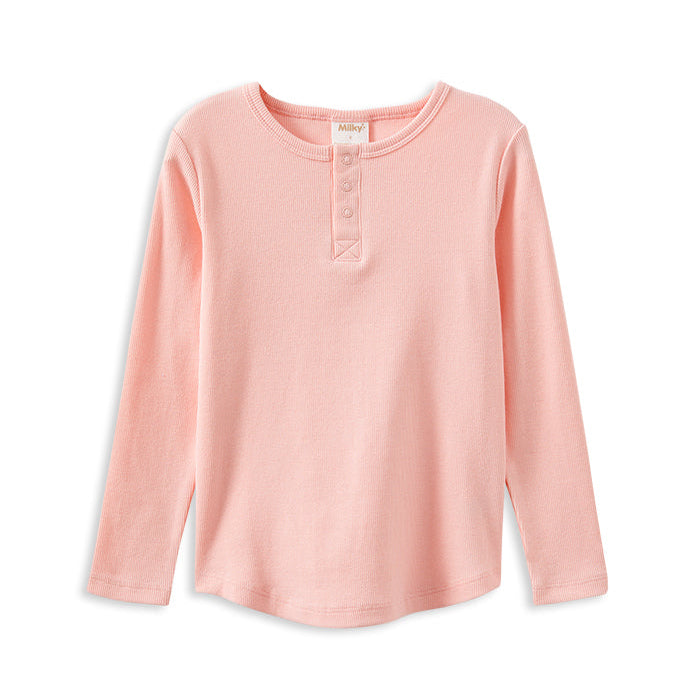 Milky Clothing Whisper Rose Henley. Stay warm this winter in style with our Milky Clothing Rose pink Henley!