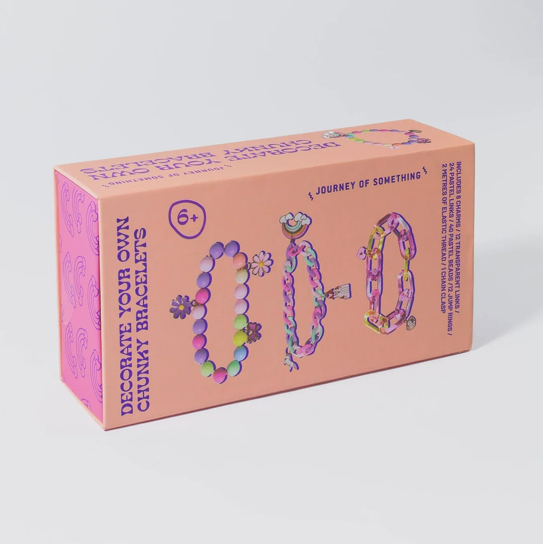 Box of chompy bracelets with colorful designs on a white background