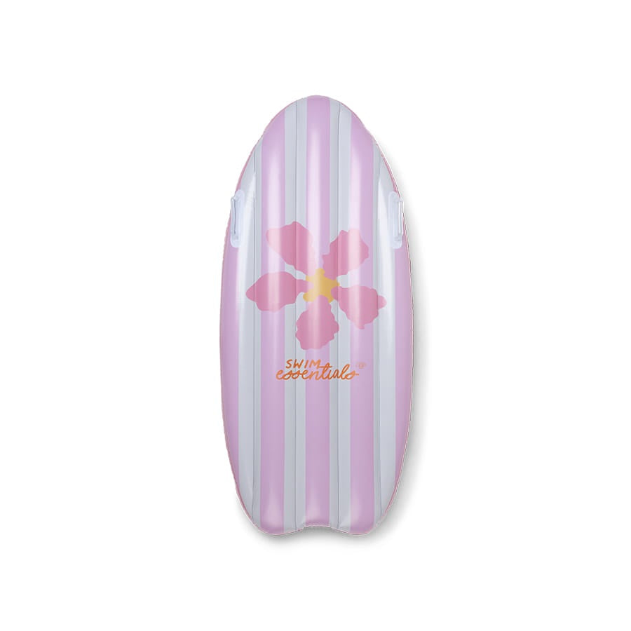 A pink and white striped inflatable swim float with a large pink hibiscus flower graphic and the brand name 'SWIM essentials' printed on the front, set against a plain white background.
