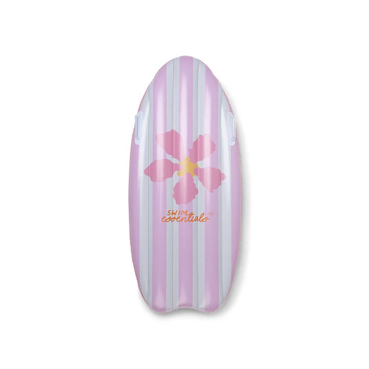 A pink and white striped inflatable swim float with a large pink hibiscus flower graphic and the brand name 'SWIM essentials' printed on the front, set against a plain white background.