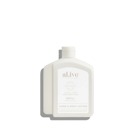 White bottle of al.ive hand and body lotion on a white background