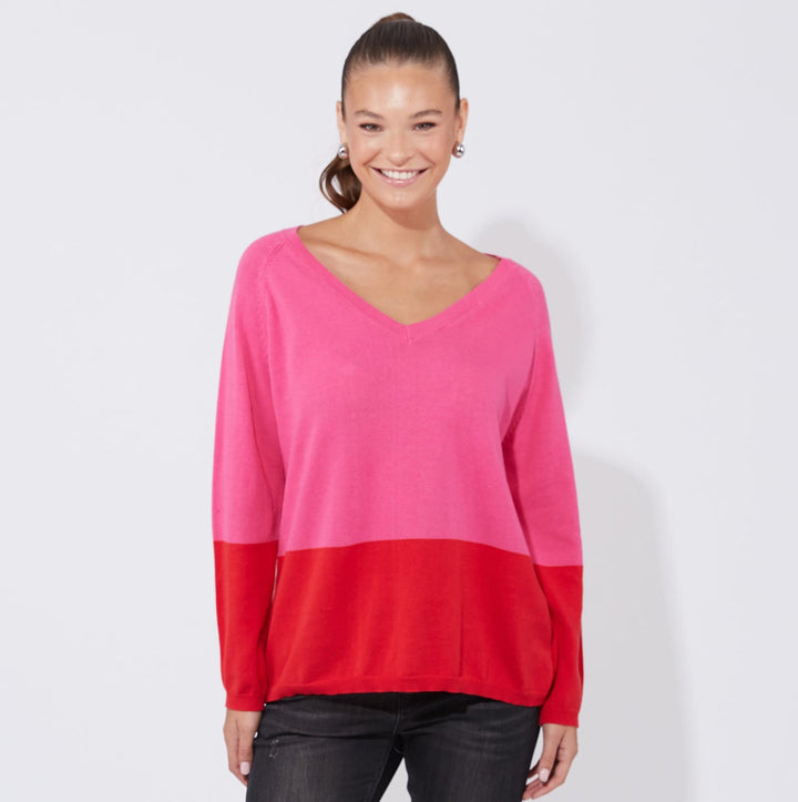 The Casablanca Block Knit combines simplicity with a touch of modern flair. This easygoing boxy sweater is designed with raglan sleeves and a V-neck for a relaxed fit. Available from www.thecollectivenz.com