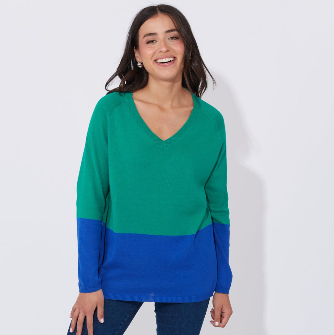 The Casablanca Block Knit combines simplicity with a touch of modern flair. This easygoing boxy sweater is designed with raglan sleeves and a V-neck for a relaxed fit. Available from www.thecollectivenz.com