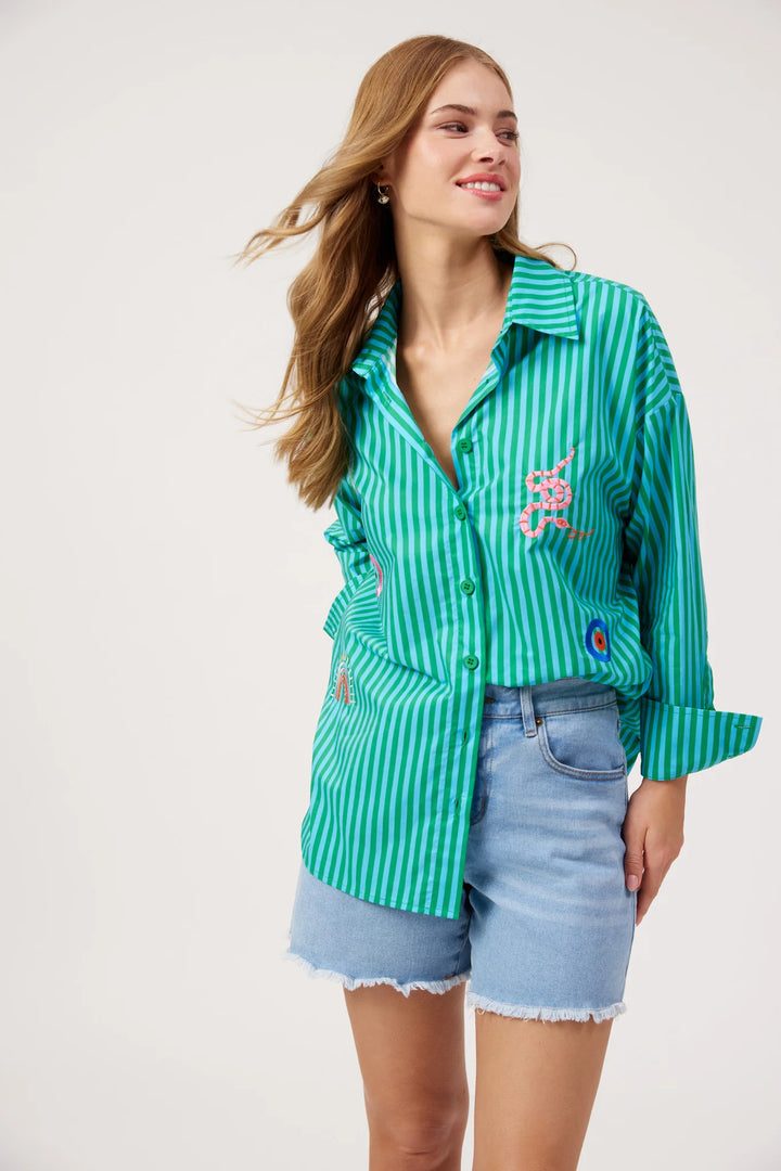 Mykonos Green Embroidered Stripe Shirt | Haven