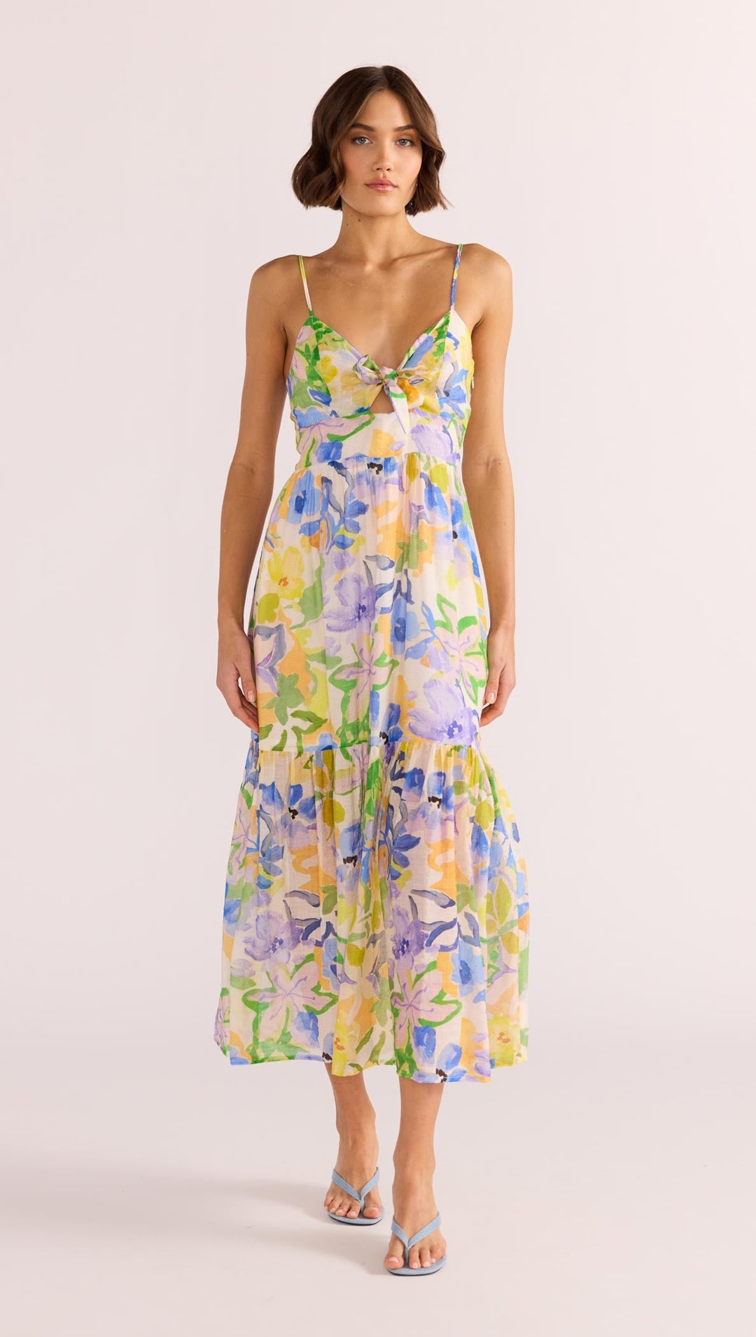 The Fable Tie Midi Dress encapsulates divine femininity. Featuring a bold floral pattern on a lightweight fabrication, available from www.thecollectivenz.com