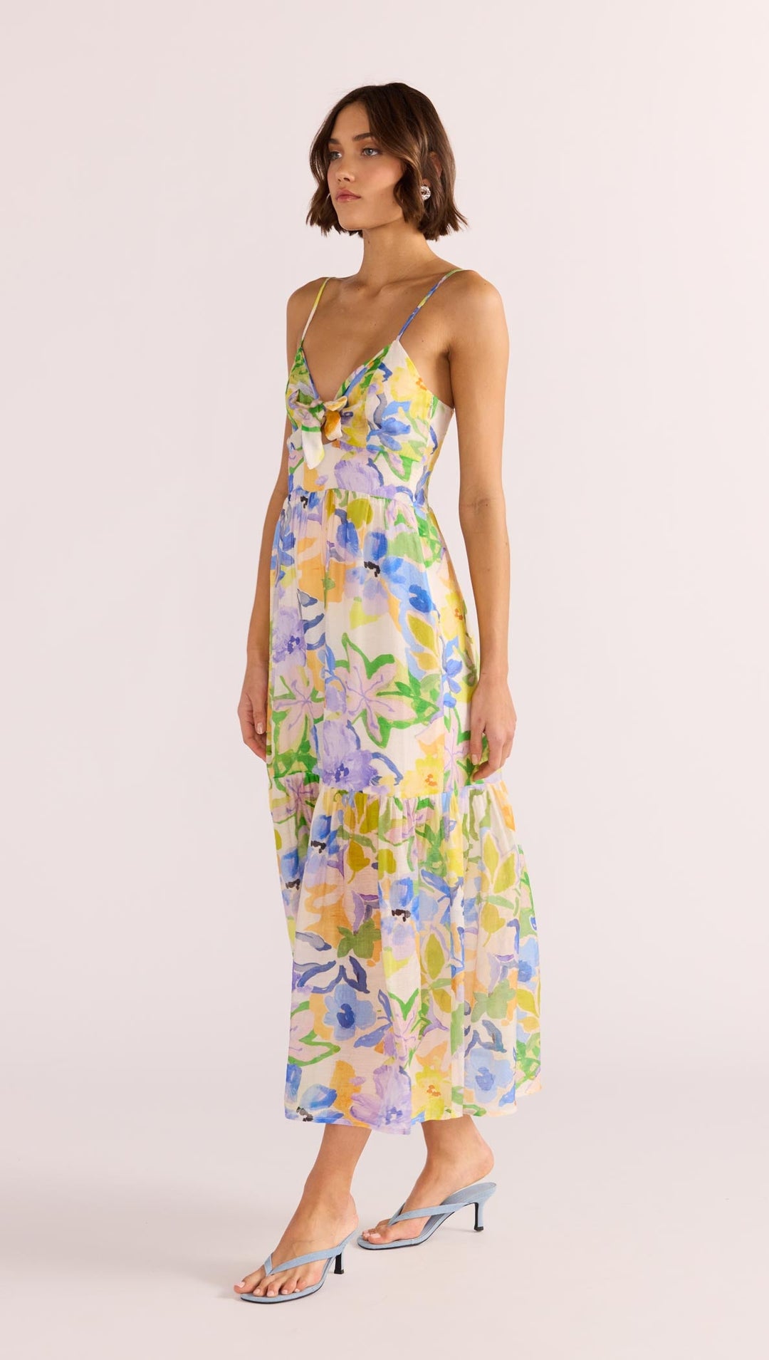 The Fable Tie Midi Dress encapsulates divine femininity. Featuring a bold floral pattern on a lightweight fabrication, available from www.thecollectivenz.com