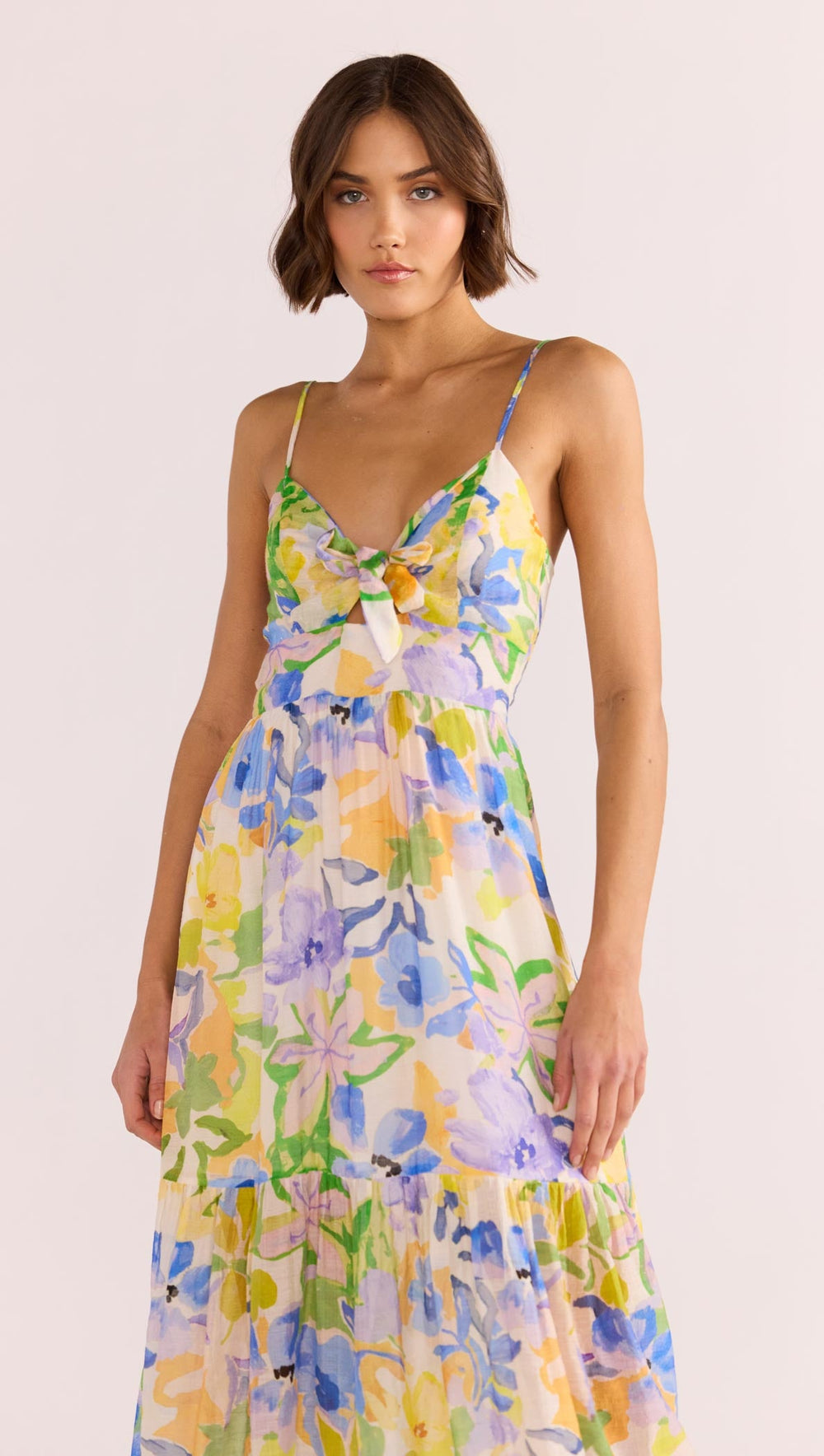 The Fable Tie Midi Dress encapsulates divine femininity. Featuring a bold floral pattern on a lightweight fabrication, available from www.thecollectivenz.com