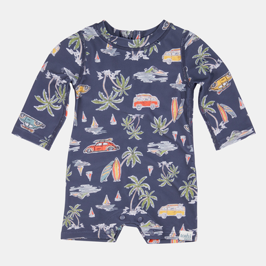 Navy blue baby romper with tropical print on a white background