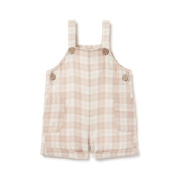 Aster & Oak taupe gingham overalls available from www.thecollectivenz.com