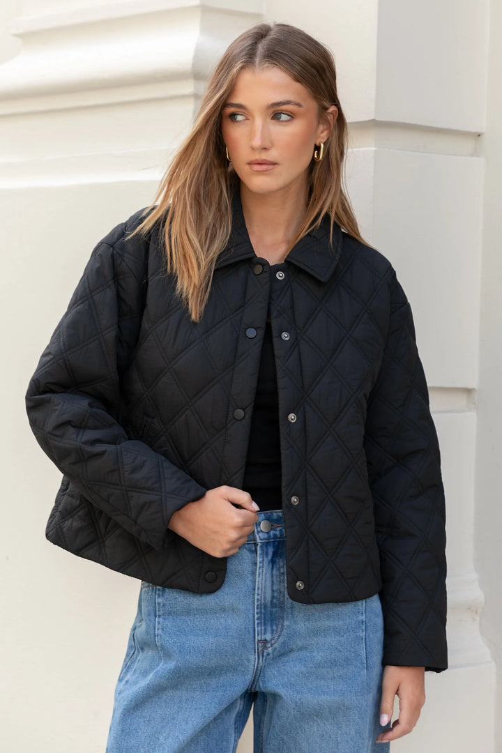 Absolute Black Collared Quilted Puffer Jacket