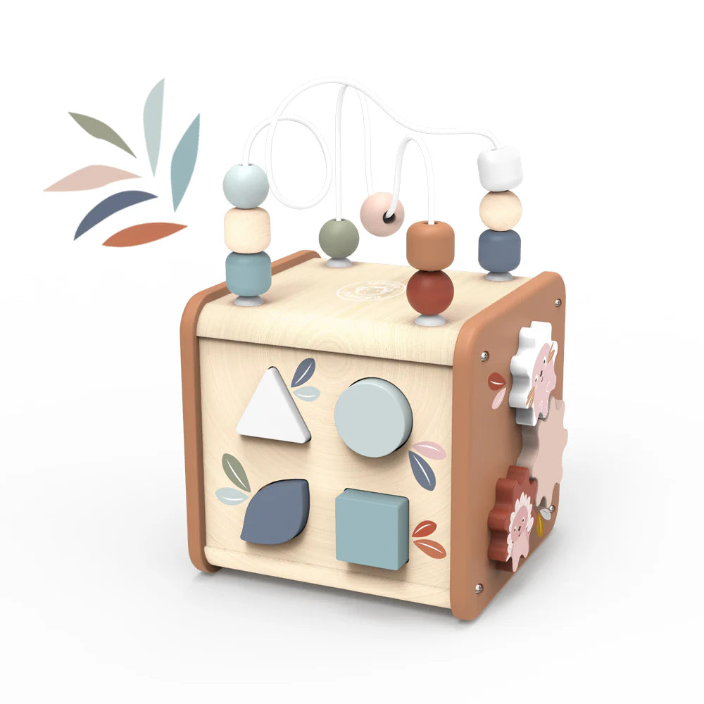 Wooden educational toy with beads and shape blocks on a white background