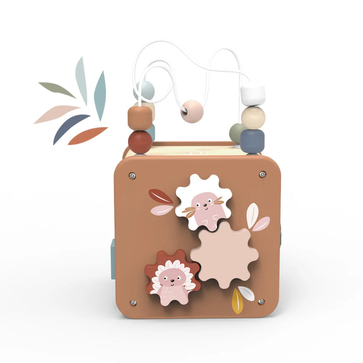 Wooden toy with beads and animal-shaped cutouts on a white background