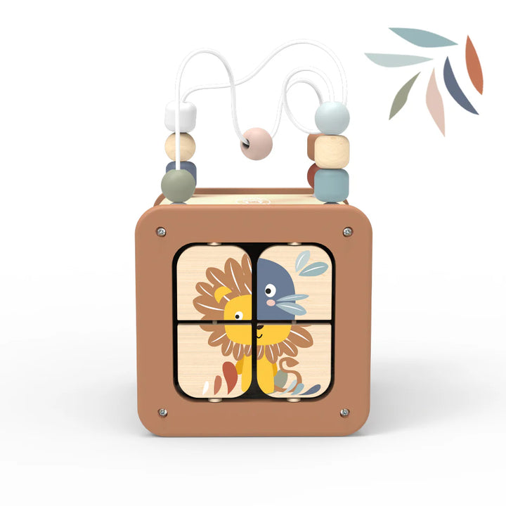 Children's wooden toy with animal illustrations on a white background