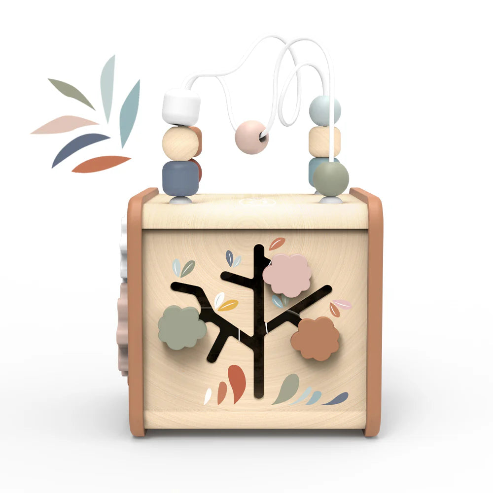 Wooden baby toy with colorful beads and a tree design on a white background