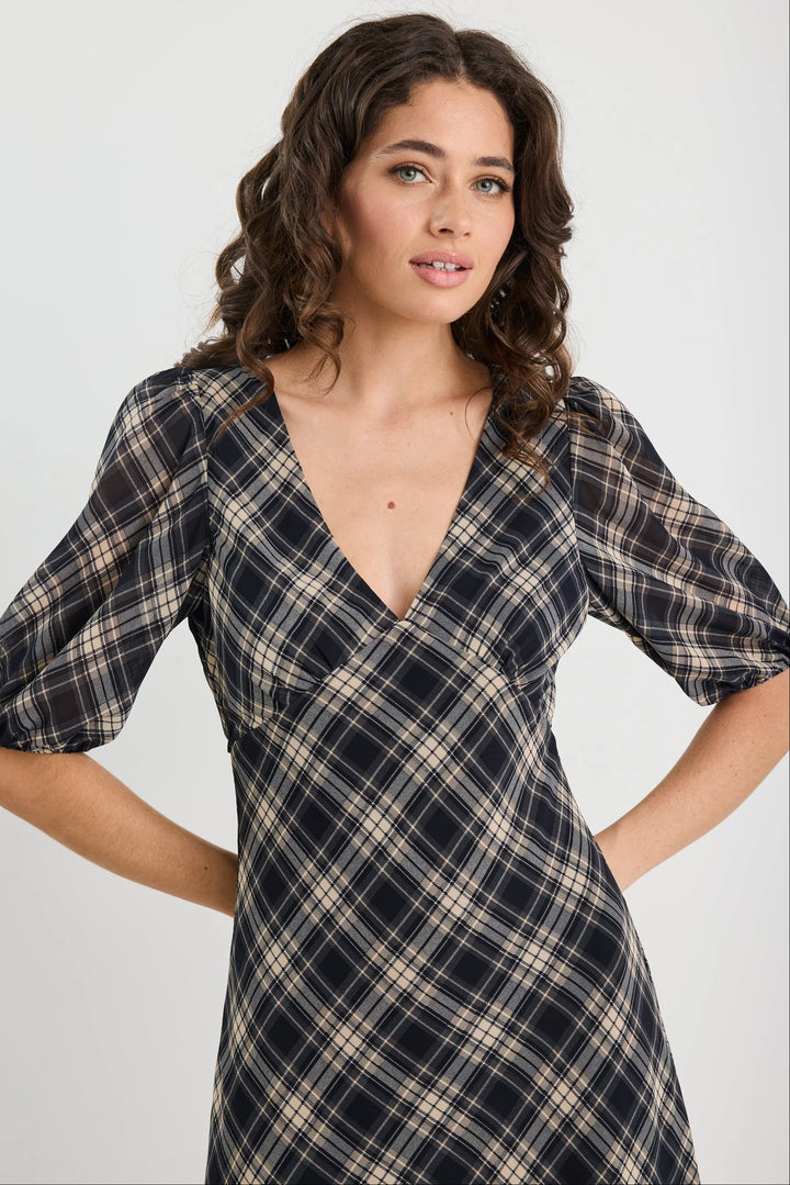 Amora Black Check Chiffon SS Bias Midi Dress