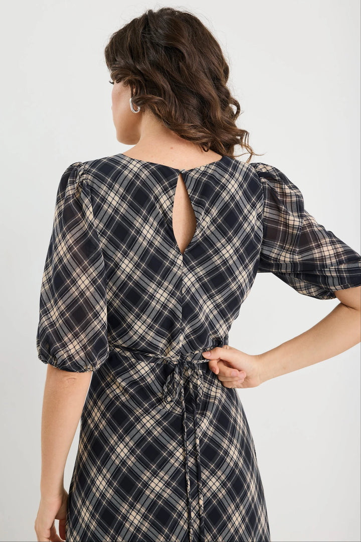 Amora Black Check Chiffon SS Bias Midi Dress