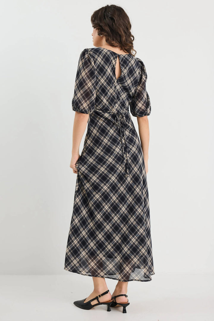 Amora Black Check Chiffon SS Bias Midi Dress